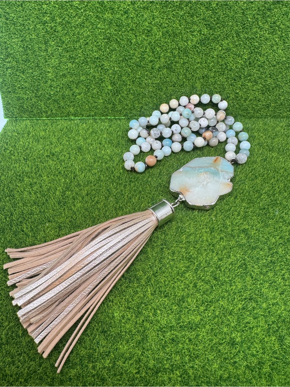 Beige Tassel Agate Pendant Beaded Necklace - Women Jewelry